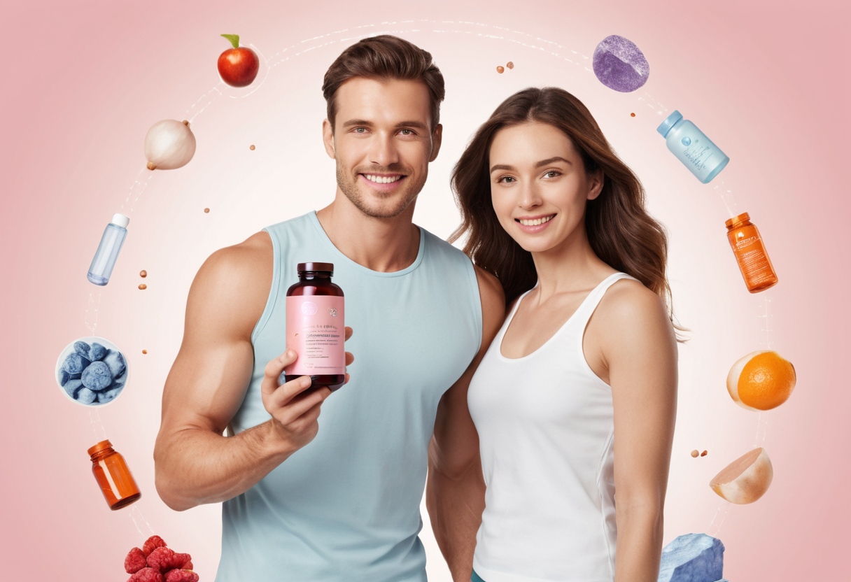 a youthful woman and man glowing with vibrant skin, holding a bottle of collagen supplements. Surround her with icons that represent key benefits: smoother skin, stronger bones, healthier hair, enhanced joint flexibility, and anti-aging effects. Include subtle scientific symbols like molecules and DNA strands to highlight the "backed by science" element. Use soft, healthy colors such as light pinks, blues, and greens to represent wellness and vitality.