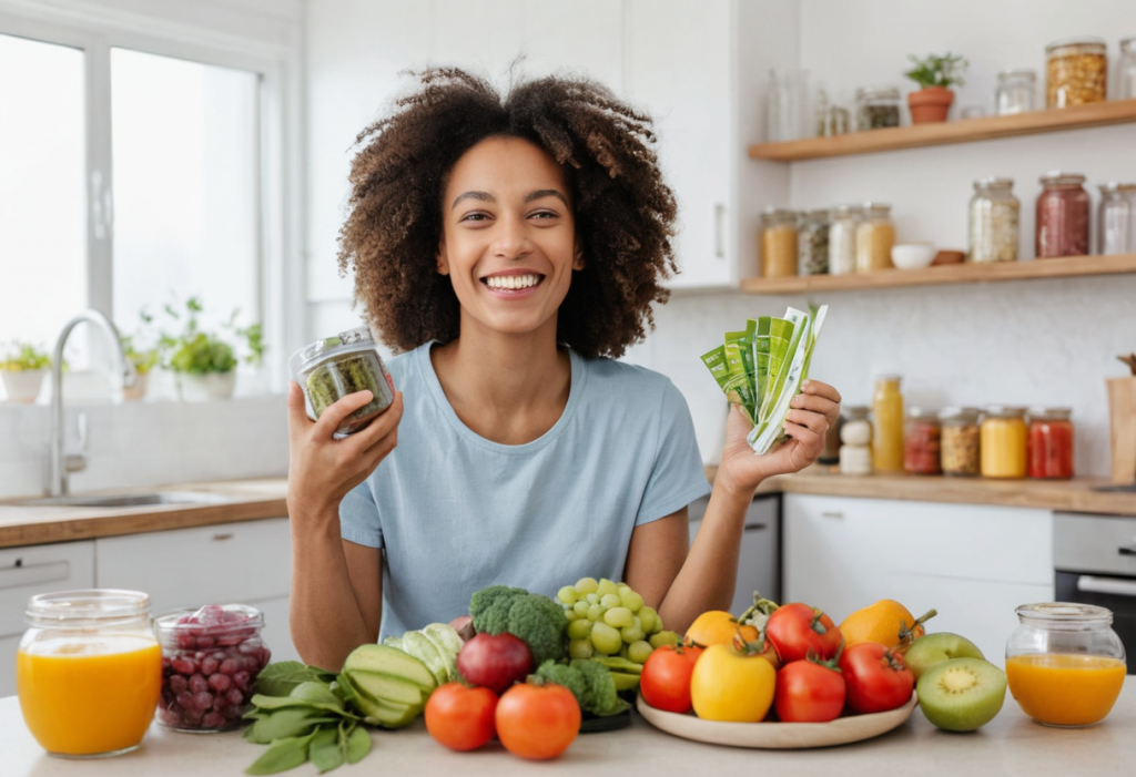 About healthdietsupps A happy smiling person around with some health food and holding supplements in hands