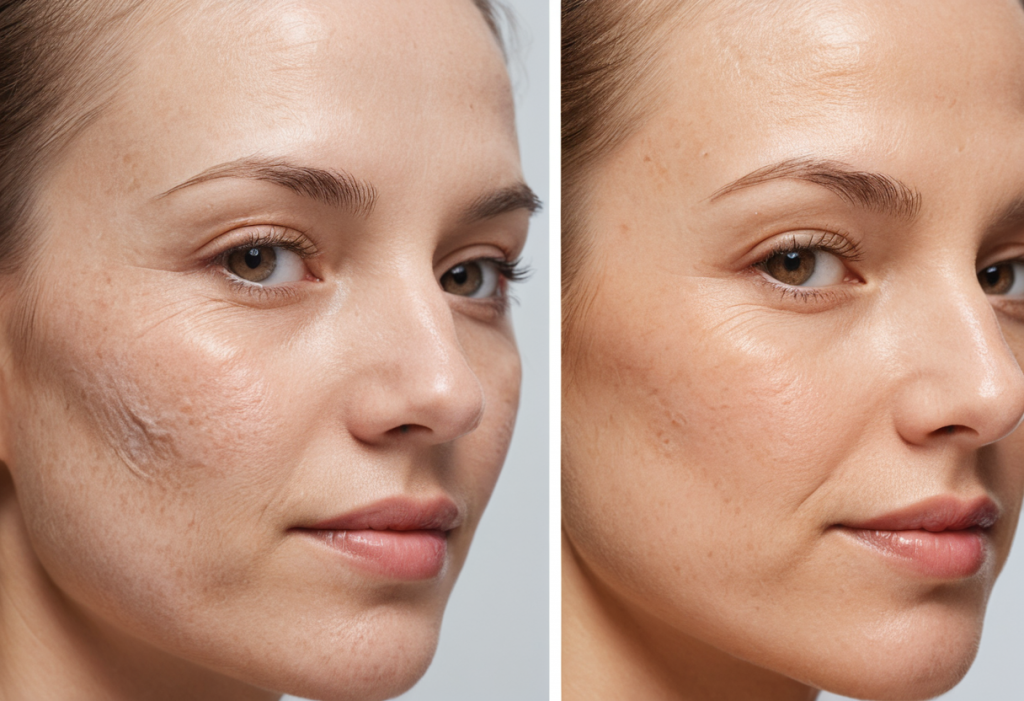 A split image showing a close-up of a woman's skin before and after taking collagen supplements for 30 days. The left side shows dull, slightly wrinkled skin, while the right side shows radiant, smooth, and youthful skin with improved elasticity