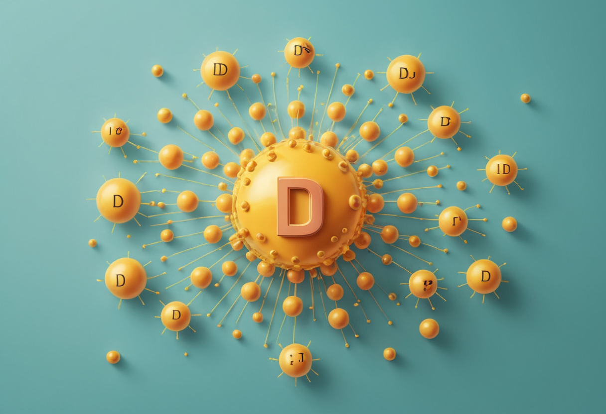 Illustrate Vitamin D protecting a person from cartoonish viruses floating around.