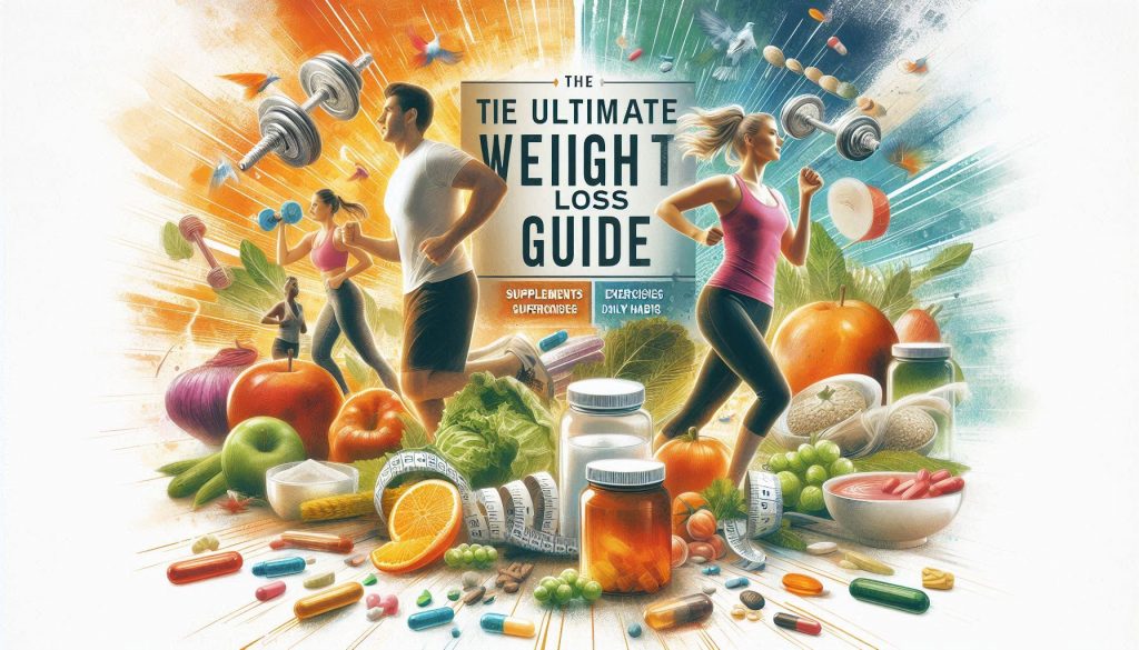 cover page titled 'The Ultimate Weight Loss Guide: Supplements, Exercises, and Daily Habits That Work.' The image features a blend of vibrant, colorful elements representing weight loss supplements, exercise routines, and healthy foods. In the foreground, there's a person working out in an outdoor park, and running, while in the background, a healthy plate of vegetables and supplements in capsules is displayed.