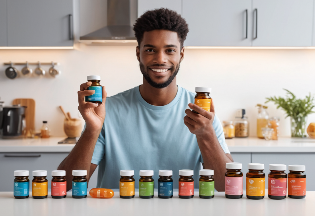 a person holding various supplements like vitamin bottles, fish oil capsules, and probiotic containers,