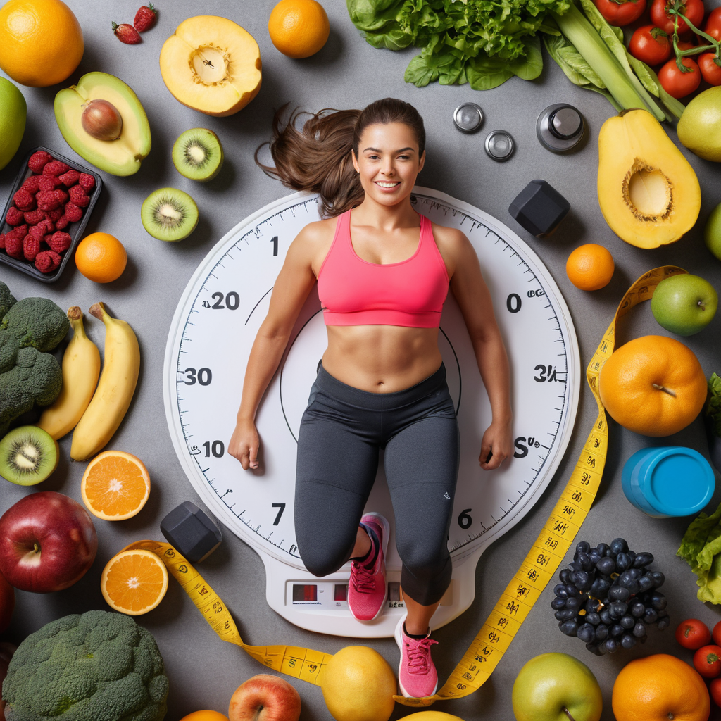 intro image with a scale, fruits, vegetables, and a water bottle, symbolizing a healthy start to a weight loss journey. Include positive visuals that represent motivation, such as a smiling figure stepping on the scale.