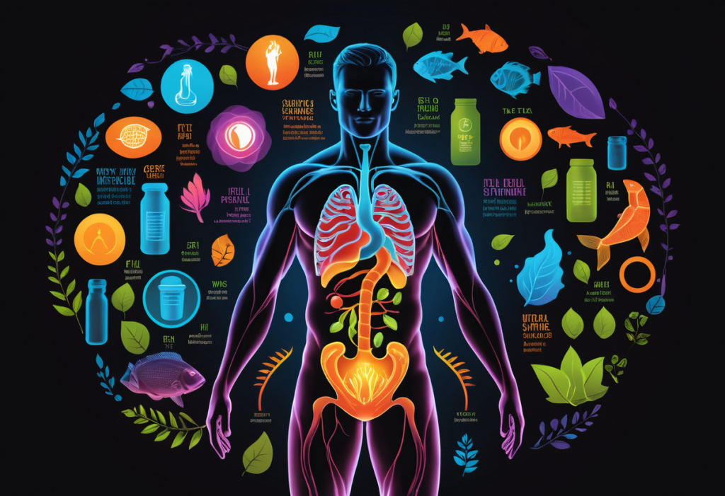 vibrant graphic of a human body silhouette with glowing internal systems, symbolizing an active metabolism. Surround it with icons of supplements like capsules, powders, and natural ingredients such as fish, coffee, and tea leaves.