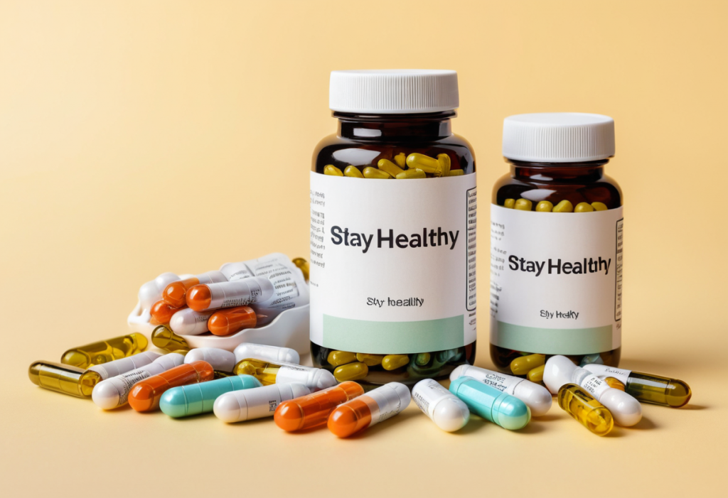 two bottles of supplements with labeled "stay healthy"