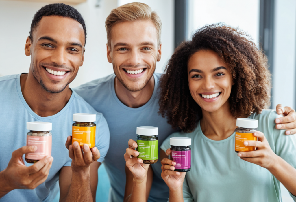 About - Health DIET SUPPS looking smily and happy three persons holding supplements  bottles