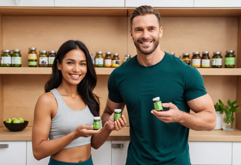 smiling, fit women and a man holding a small stack of supplement capsules, with natural ingredients like green tea leaves, garcinia cambogia fruit, and apple cider vinegar nearby to emphasize natural, plant-based ingredients.