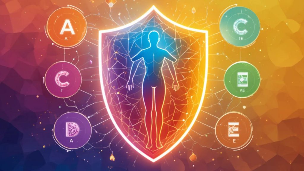 A vibrant illustration of a glowing shield surrounded by icons of Vitamin A, C, D, E, and Zinc, with a healthy body silhouette inside, symbolizing protection and vitality.