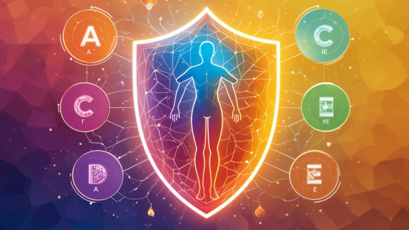 A vibrant illustration of a glowing shield surrounded by icons of Vitamin A, C, D, E, and Zinc, with a healthy body silhouette inside, symbolizing protection and vitality.