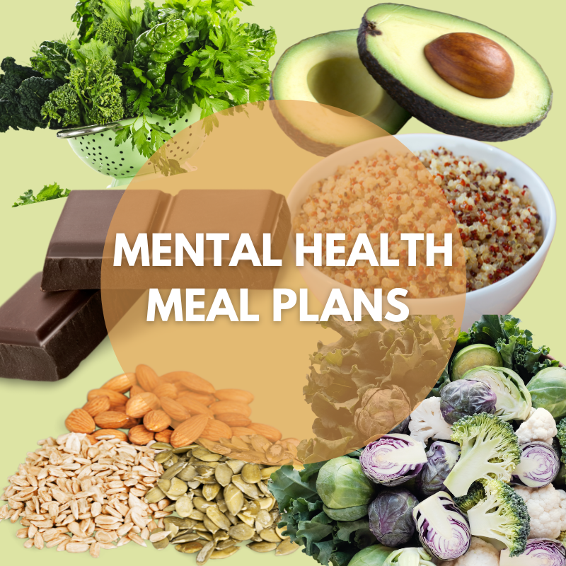 a collage of different healthy foods presenting mental health meal and diet plans