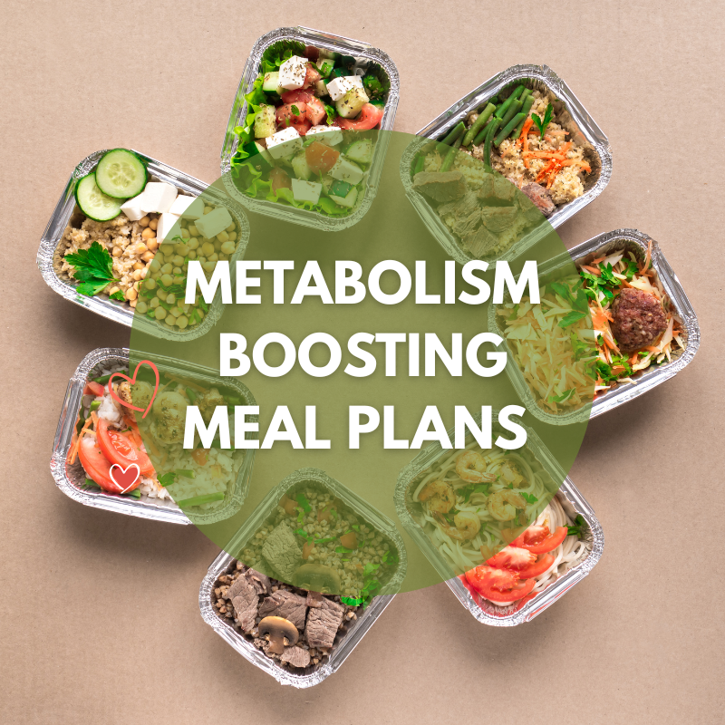 a group of foil trays with healthy food in them presenting metabolism boosting meal and diet plans