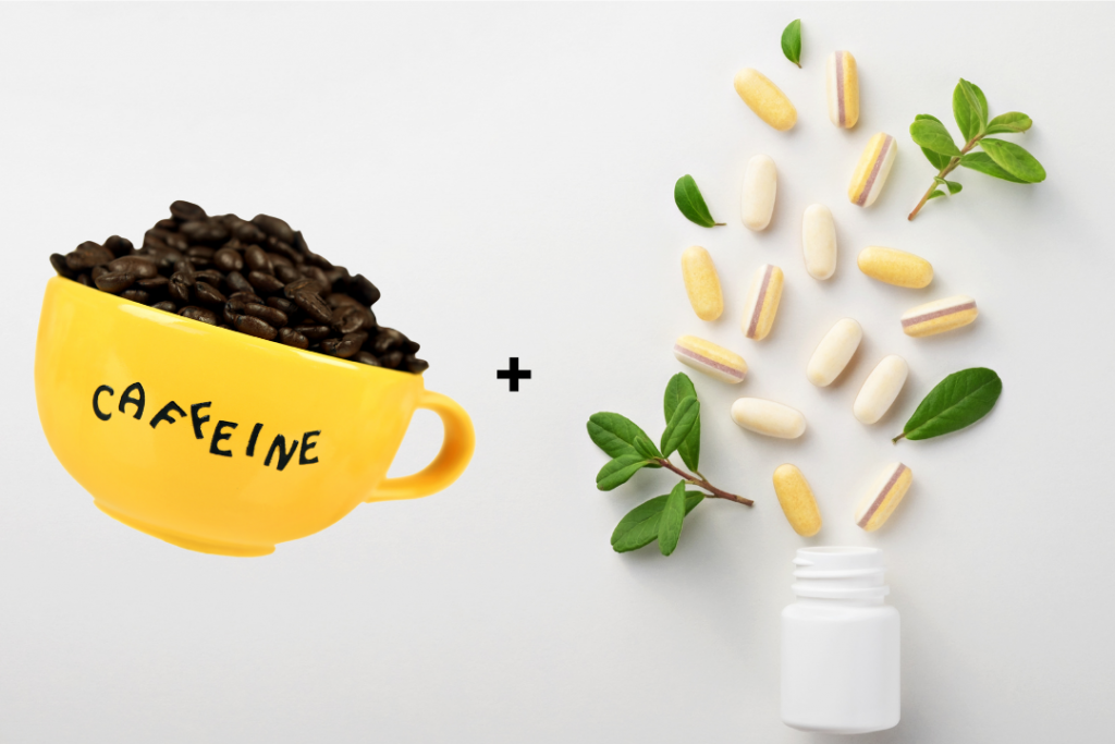 a yellow cup with beans and pills spilling out of it showing caffeine + on other side L-Threanine supplements for energy and focus