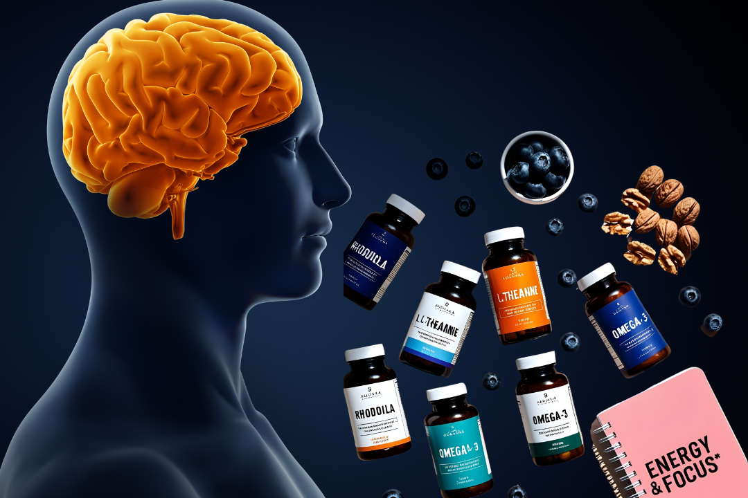 a person with a brain and a bottle of vitamins