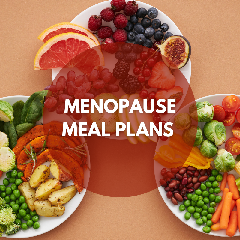 a group of plates of healthy food presenting menopause meal/diet plan